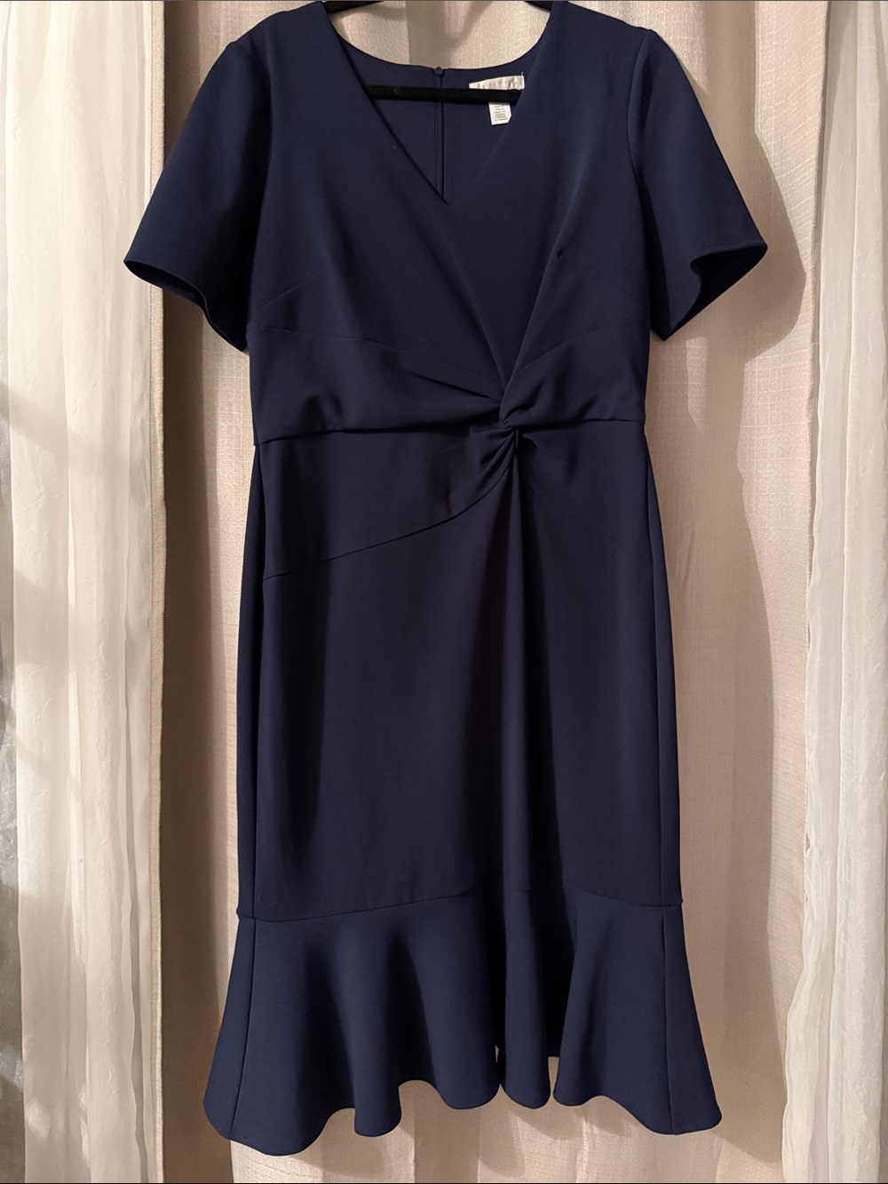 London Times Navy Twist-Front Flounce Midi Dress